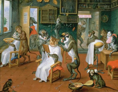 Barbearia com Macacos e Gatos (óleo sobre cobre) de Abraham Teniers